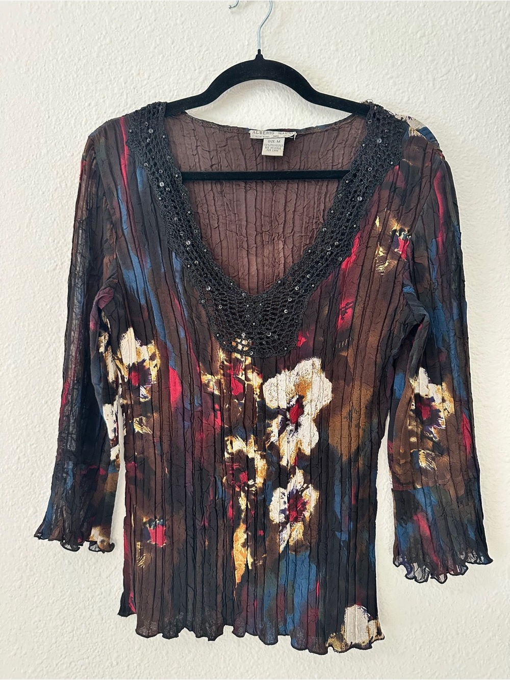 Alberto Makali Brown Multi Floral Beaded V-Neck Long Sleeve Top